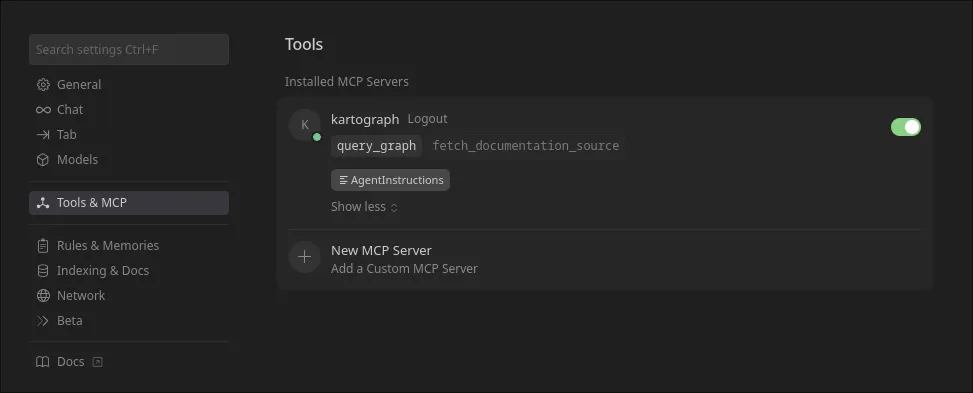 Kartograph MCP server listed in Cursor Settings
