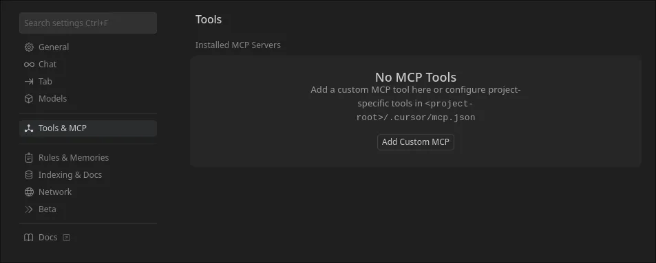 Cursor Settings Tools & MCP Sidebar Button